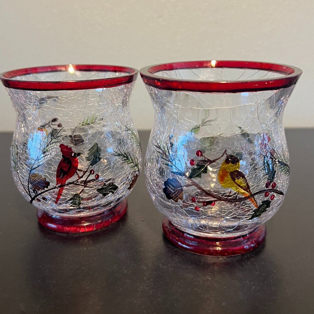 Set of 2 Yankee Candle Crackle Glass Winter Birds Cardinal Votive Candle Holders